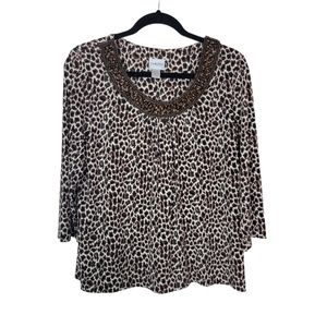 Chicos Beaded Leopard Animal Print Long Sleeve Stretch Knit Top  Size 3